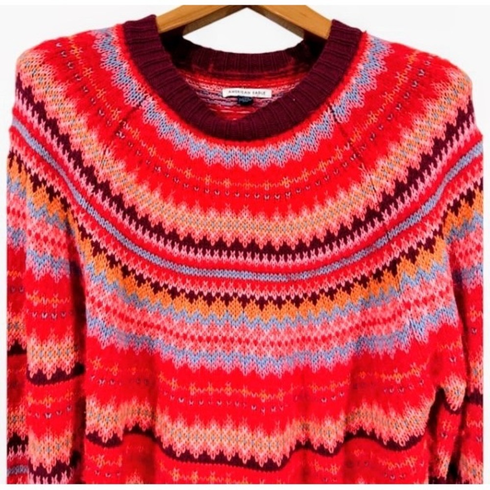 American Eagle Fair Isle Sweater Women Large Red Nordic Après Ski Heritage Knit - Picture 9 of 13